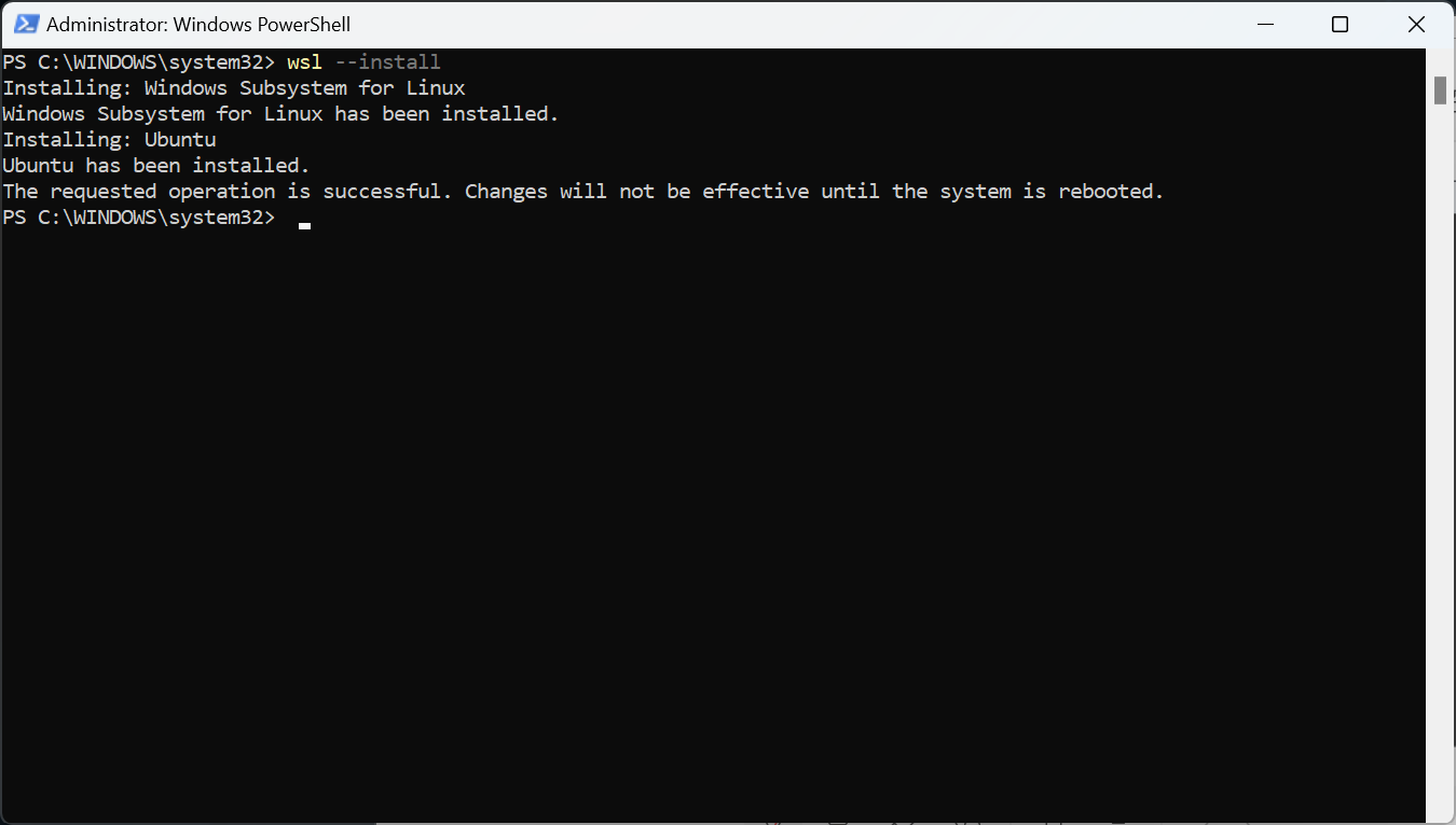 Result of WSL installation command prompting a reboot